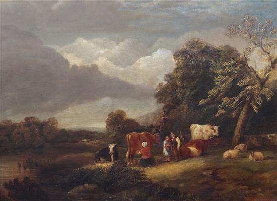 B* Samways (19th C.) Pastoral landscape with cattle beside a river, 20 x 27in.